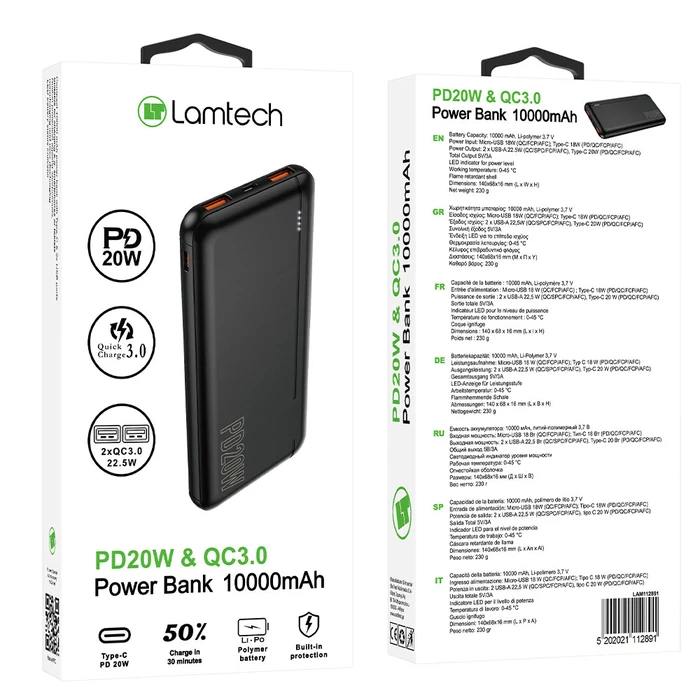 Power Bank Lamtech 10000MAH QC3,0+PD20W Black