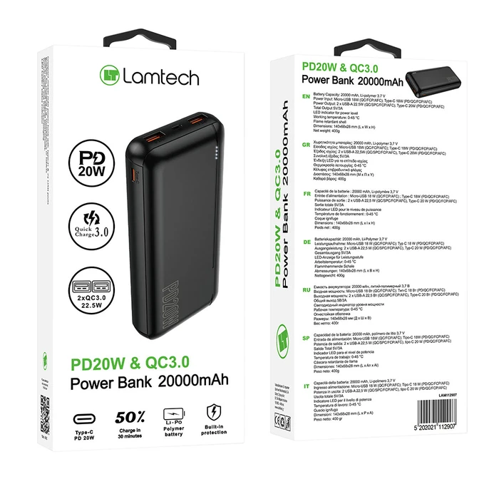 Power Bank Lamtech 20000MAH QC3,0+PD20W Black