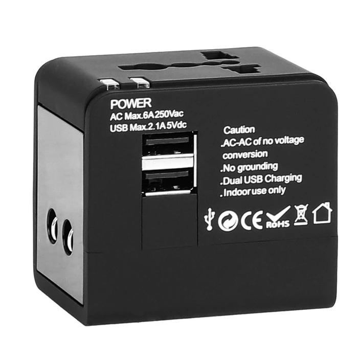Αντάπτορας Πρίζας Lamtech Universal Travel with 2 USB PORTS AC 6A Black