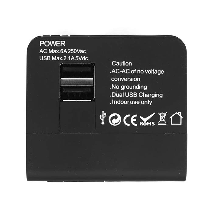 Αντάπτορας Πρίζας Lamtech Universal Travel with 2 USB PORTS AC 6A Black