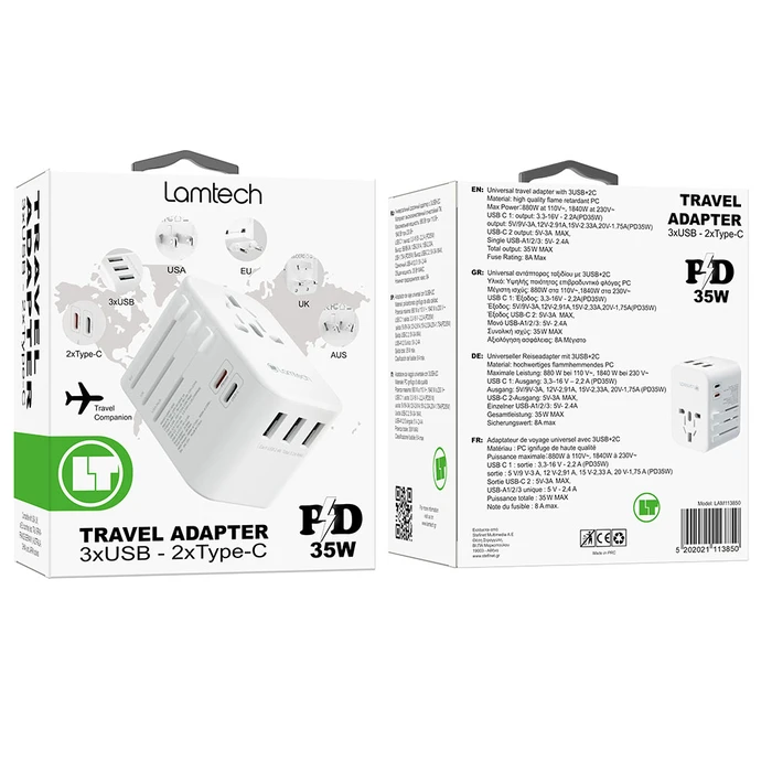 Αντάπτορας Πρίζας Lamtech Universal Travel with 3xUSB + 2xTYPE-C OUTPUTS 35W