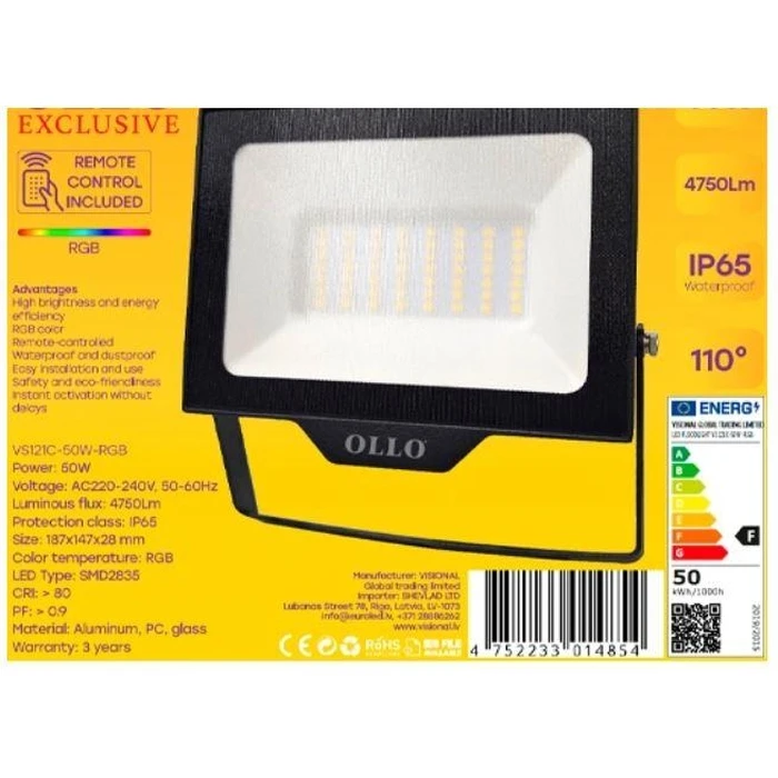 Προβολέας Ollo 50W / 4750 Lumen / Ac220-240V / Angle 110 / Vs121C-50W-Rgb