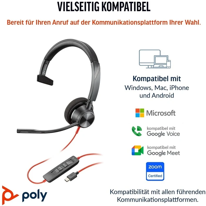 Multimedia Ακουστικά VOIP HP Poly Blackwire C3315-M Mono USB-C/A & 3,5 mm Teams