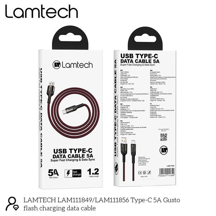 Καλώδιo USB Lamtech USB Type-C Data 5A 1,2M Black