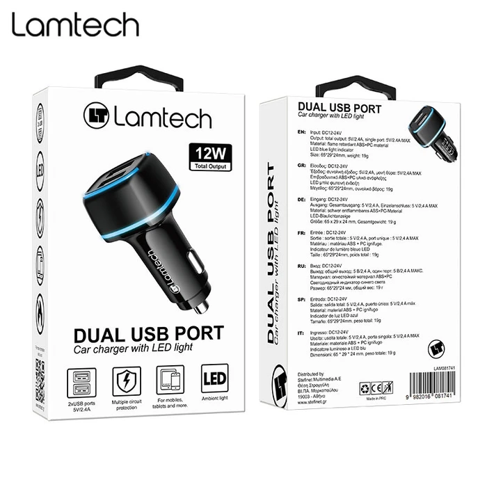 Φορτιστής Αυτοκινήτου Lamtech 2xUSB 2,4A for MOBILE PHONES Black