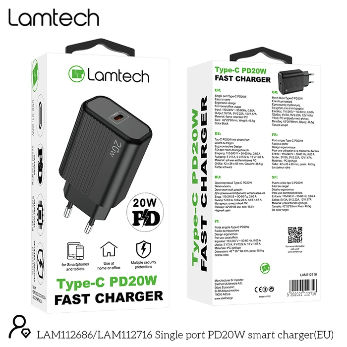 Φορτιστής Πρίζας Lamtech FAST Charger Type-C PD20W Black