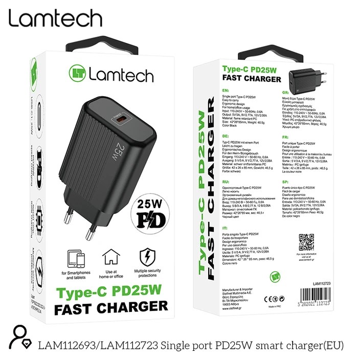 Φορτιστής Πρίζας Lamtech FAST Charger Type-C PD25W Black