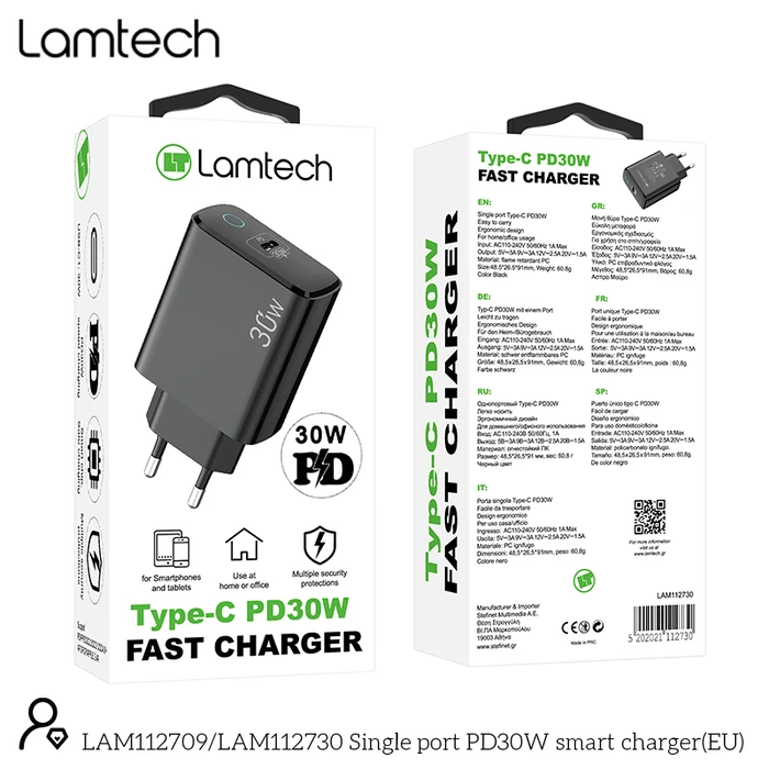 Φορτιστής Πρίζας Lamtech FAST Charger Type-C PD30W Black