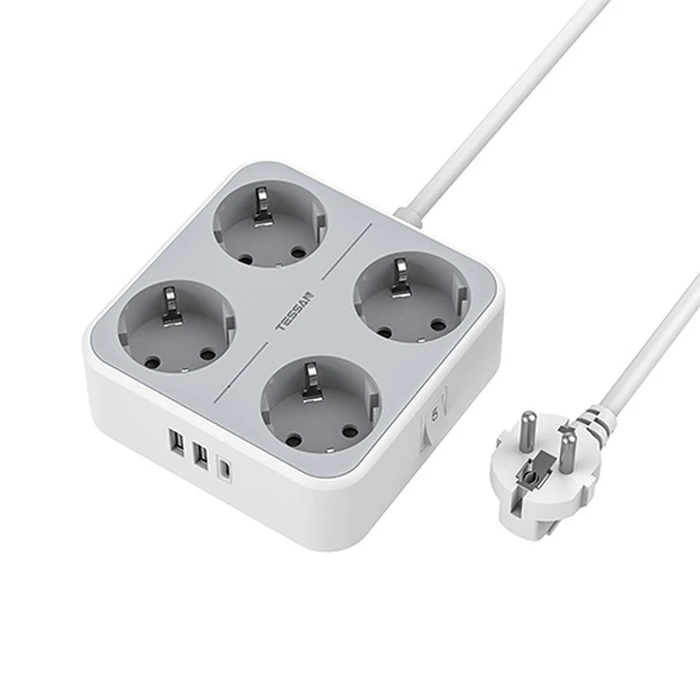 TESSAN Power Strip 7 in 1 4 Schuko 2 USB 1 USB C 2m Cable