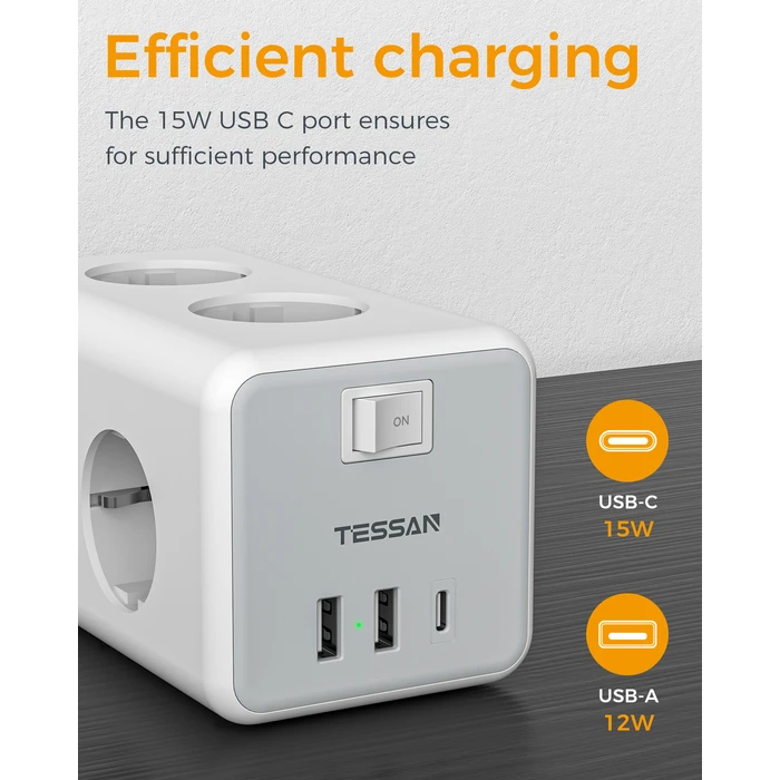 Πολύπριζο Tessan 9 IN 1 CUBOID Power STRIP 6xSCHUKO, 2xUSB, 1xTYPE-C, 2M