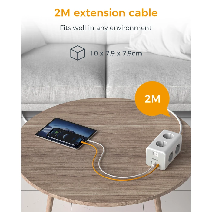 Πολύπριζο Tessan 9 IN 1 CUBOID Power STRIP 6xSCHUKO, 2xUSB, 1xTYPE-C, 2M