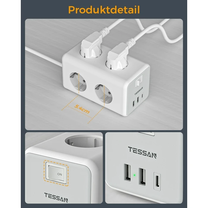 Πολύπριζο Tessan 9 IN 1 CUBOID Power STRIP 6xSCHUKO, 2xUSB, 1xTYPE-C, 2M
