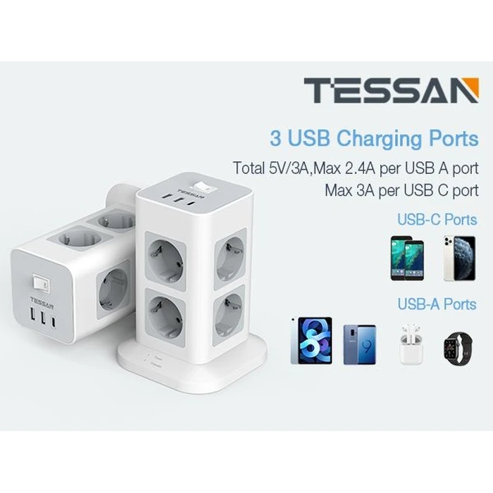 Πολύπριζο Tessan 11 IN 1 TOWER SURGE PROTECTOR 8xSCHUKO, 2xUSB, 1xTYPE-C, 2M