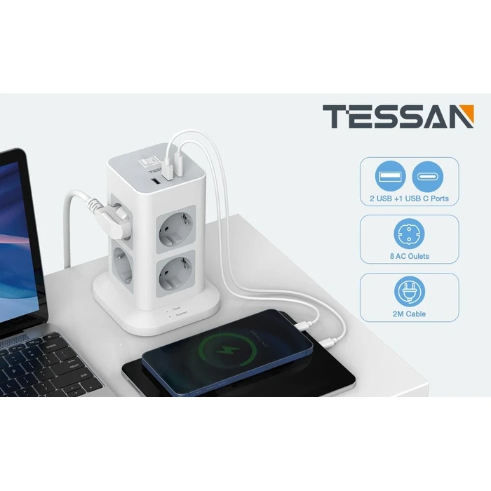 Πολύπριζο Tessan 11 IN 1 TOWER SURGE PROTECTOR 8xSCHUKO, 2xUSB, 1xTYPE-C, 2M