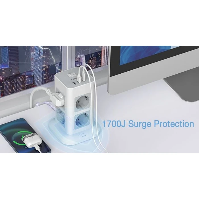Πολύπριζο Tessan 11 IN 1 TOWER SURGE PROTECTOR 8xSCHUKO, 2xUSB, 1xTYPE-C, 2M