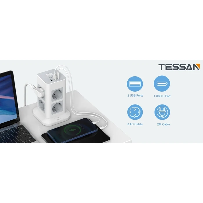 Πολύπριζο Tessan 11 IN 1 TOWER SURGE PROTECTOR 8xSCHUKO, 2xUSB, 1xTYPE-C, 2M