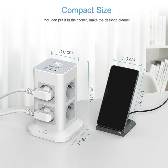 Πολύπριζο Tessan 11 IN 1 TOWER SURGE PROTECTOR 8xSCHUKO, 2xUSB, 1xTYPE-C, 2M