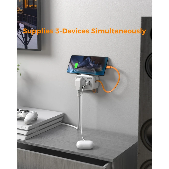 Πρίζα Tessan 3 IN 1 WALL SOCKET 1xSCHUKO, 1xUSB, 1xTYPE-C CABLE 15CM