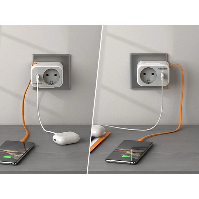 Πρίζα Tessan 3 IN 1 WALL SOCKET 1xSCHUKO, 1xUSB, 1xTYPE-C CABLE 15CM