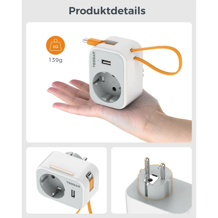 Πρίζα Tessan 3 IN 1 WALL SOCKET 1xSCHUKO, 1xUSB, 1xTYPE-C CABLE 15CM