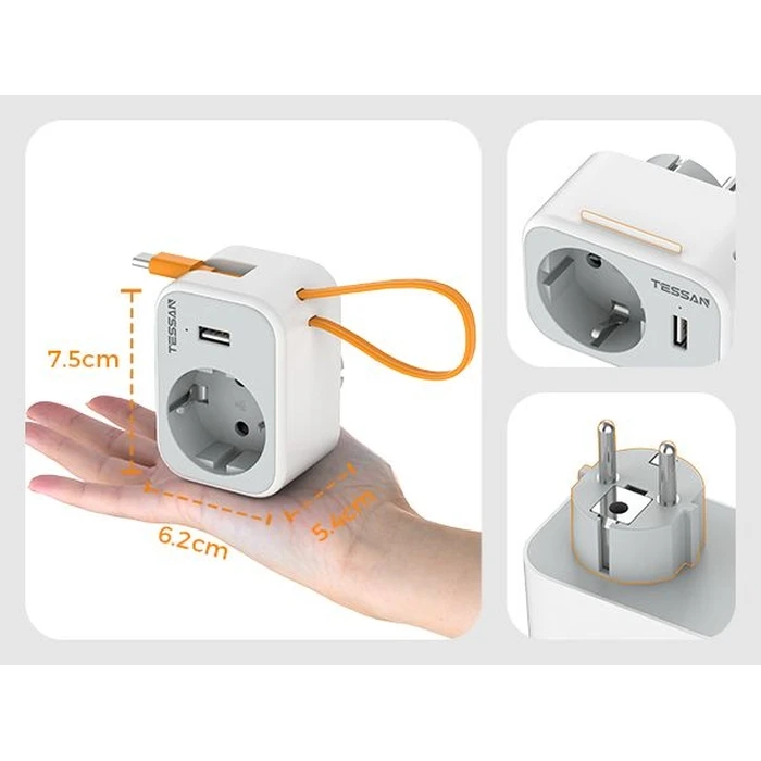 Πρίζα Tessan 3 IN 1 WALL SOCKET 1xSCHUKO, 1xUSB, 1xTYPE-C CABLE 15CM
