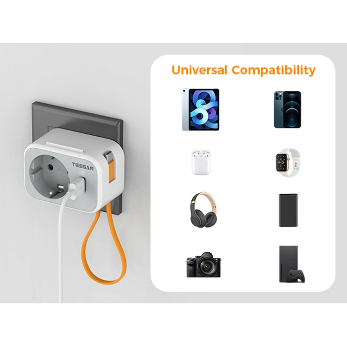 Πρίζα Tessan 3 IN 1 WALL SOCKET 1xSCHUKO, 1xUSB, 1xTYPE-C CABLE 15CM