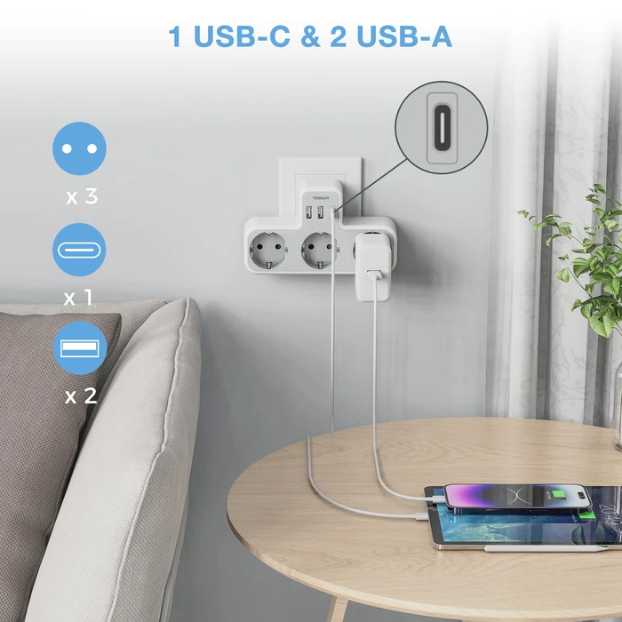 Πρίζα Ταφ Tessan 6 IN 1 WALL SOCKET 3xSCHUKO, 2xUSB, 1xTYPE-C