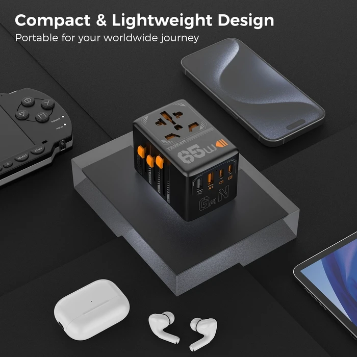 Αντάπτορας Πρίζας Tessan GaN UNIVERSAL TRAVEL Adapter 2xUSB, 2xTYPE-C MAX 65W