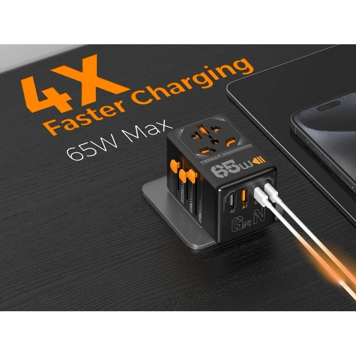 Αντάπτορας Πρίζας Tessan GaN UNIVERSAL TRAVEL Adapter 2xUSB, 2xTYPE-C MAX 65W
