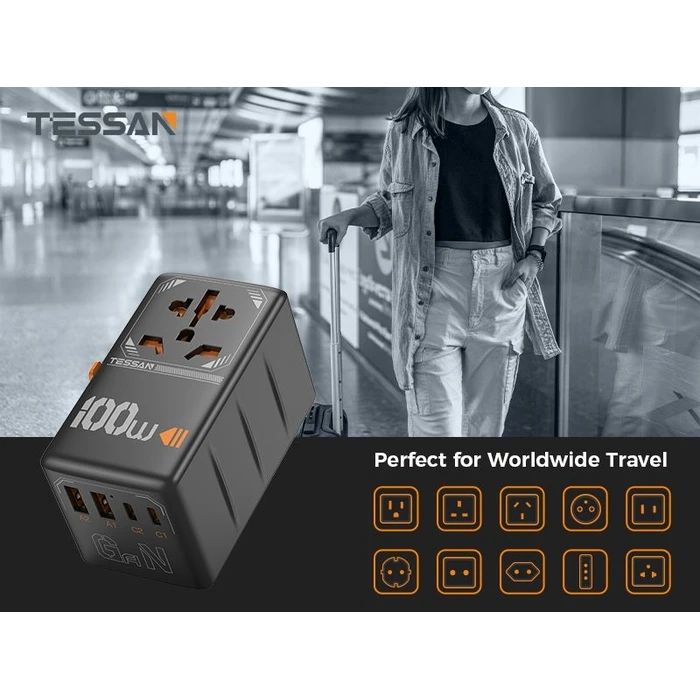 Αντάπτορας Πρίζας Tessan GaN UNIVERSAL TRAVEL Adapter 2xUSB, 2xTYPE-C MAX 100W