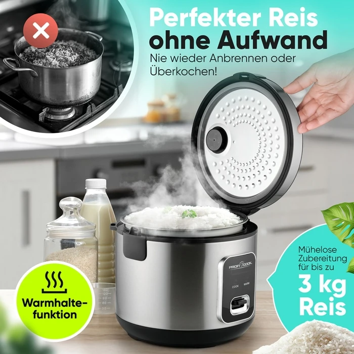 ProfiCook Rice Cooker PC-RK 1285, 3 L, 700 W, Stainless Steel