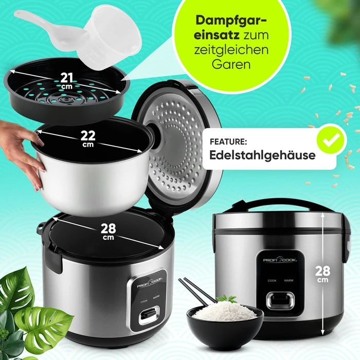 ProfiCook Rice Cooker PC-RK 1285, 3 L, 700 W, Stainless Steel