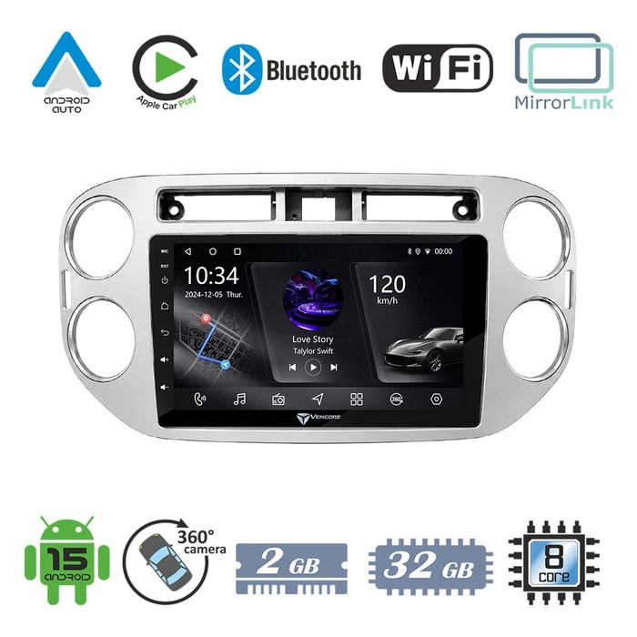 VenCore 3236-10005-0639G - Οθόνη Multimedia Android 15 9" PX5S Octa-Core 2GB/32GB IPS με Πρόσοψη, CarPlay, Android Auto και Υποστήριξη Κάμερας 360° για VW Tiguan 2008-2016 – Γκρι
