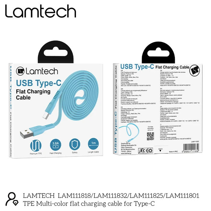 Καλώδιo USB Lamtech Type-C 3.0A FLAT 1M BLUE