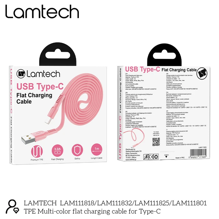 Καλώδιo USB Lamtech Type-C 3.0A FLAT 1M PINK