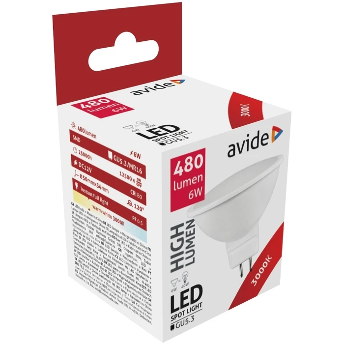 Avide ABGU5.3WW-6W-AP-12V Λάμπα LED 6W για Ντουί GU5.3 Θερμό Λευκό 3000K 480 lm (15.001.0431)