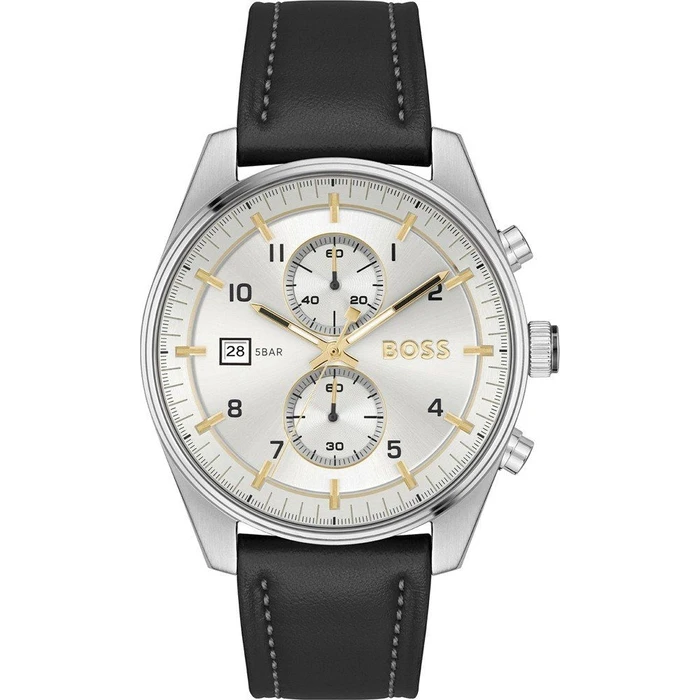 Ανδρικό Ρολόι Boss 1514147 (44mm) Δερμάτινο Λουράκι Μαύρο