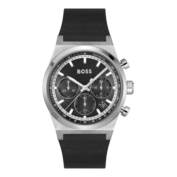 BOSS Candor Men's Analog Quartz Watch 41mm Black Dial Grey Leather Strap (Model 1514218)