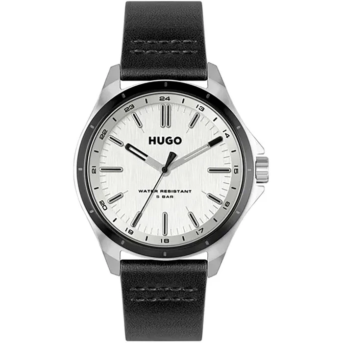 Ανδρικό Ρολόι Hugo 1530325 (42mm) Δερμάτινο Λουράκι Μαύρο