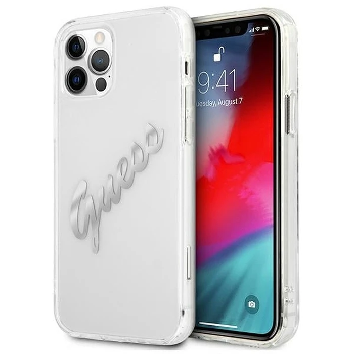 Guess GUHCP12LKTRSVSI Apple iPhone 12 Pro Max Transparent hardcase Vintage Script Silver