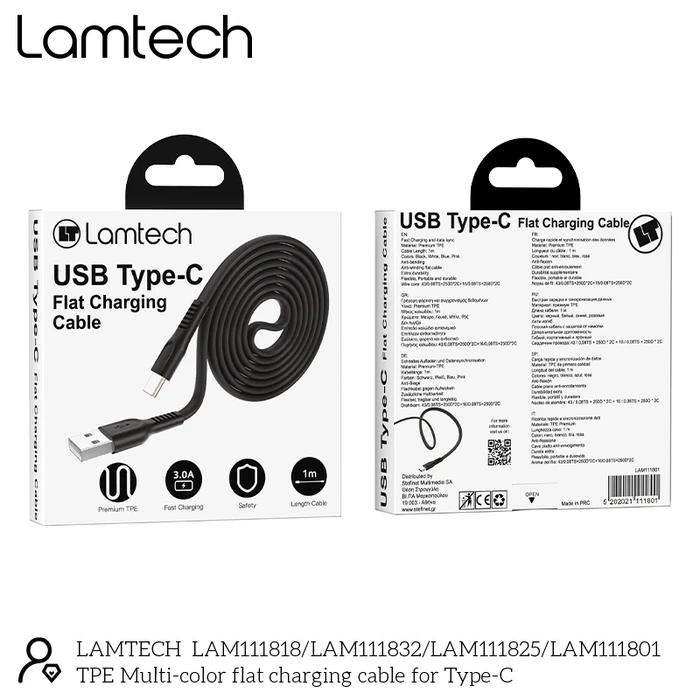 Καλώδιo USB Lamtech Type-C 3.0A FLAT 1M Black