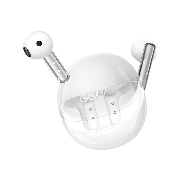 Bluetooth Handsfree QCY Clear White - Semi-Ear 13mm driver, wind cancel ENC for calls, NCVM & Air case TWS BT