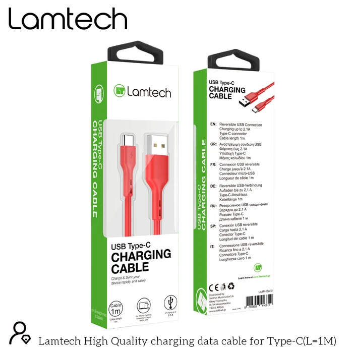 Καλώδιo USB Lamtech Data Type-C 1m RED