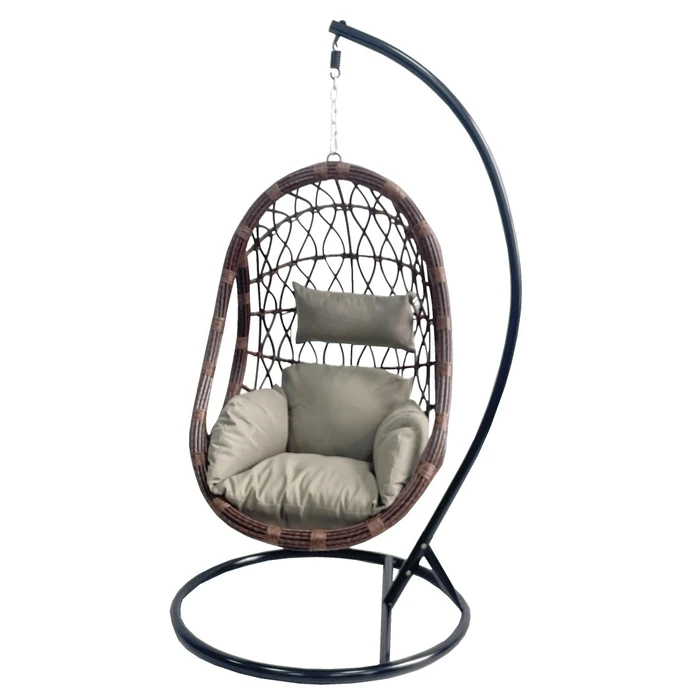 Hanging Rattan Armchair (PE Rattan two-tone brown) with Black Metal Stand and Pole, Dark Gray Cushions