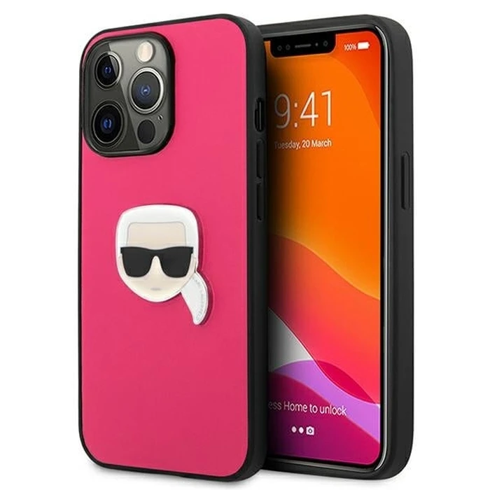 Karl Lagerfeld KLHCP13LPKMP Apple iPhone 13 Pro pink hardcase Leather Ikonik Karl`s Head Metal
