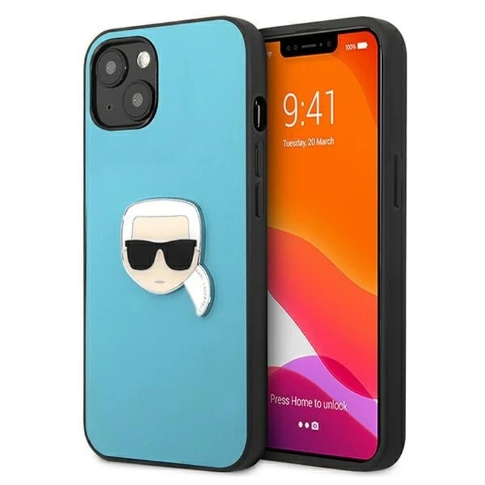 Karl Lagerfeld KLHCP13SPKMB Apple iPhone 13 mini blue hardcase Leather Ikonik Karl`s Head Metal