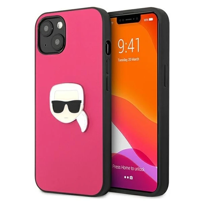 Karl Lagerfeld KLHCP13SPKMP Apple iPhone 13 mini pink hardcase Leather Ikonik Karl`s Head Metal
