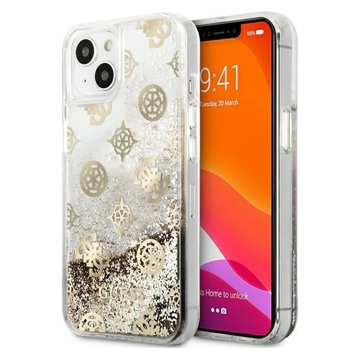 Guess GUHCP13SLGPEGO Apple iPhone 13 mini gold hardcase Peony Liquid Glitter