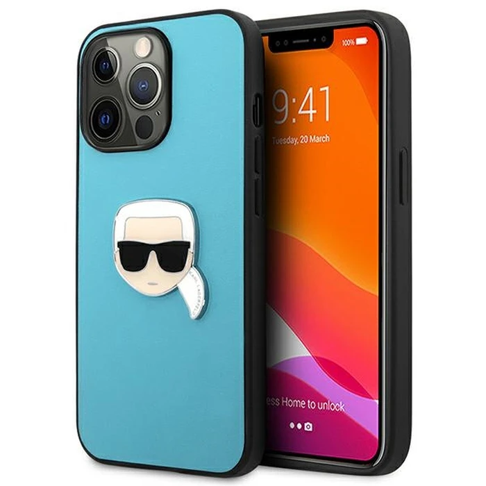 Karl Lagerfeld KLHCP13XPKMB Apple iPhone 13 Pro Max blue hardcase Leather Ikonik Karl`s Head Metal