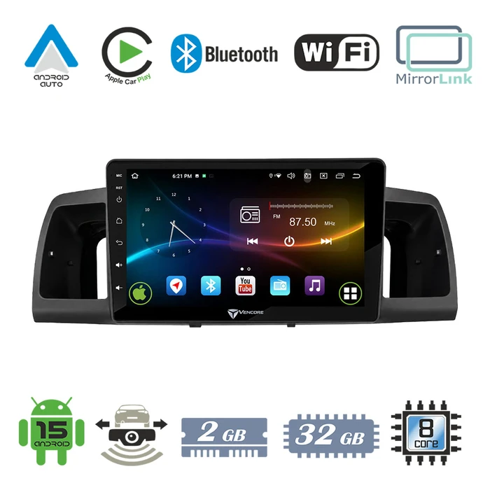 VenCore 3236-10007-0254B - Οθόνη Multimedia Android 15 9" 9109A MTK6762 Octa-Core 2GB/32GB IPS με Πρόσοψη, CarPlay, Android Auto και Υποστήριξη Κάμερας Οπισθοπορείας AHD για Toyota Corolla 2002-2006 – Μαύρη